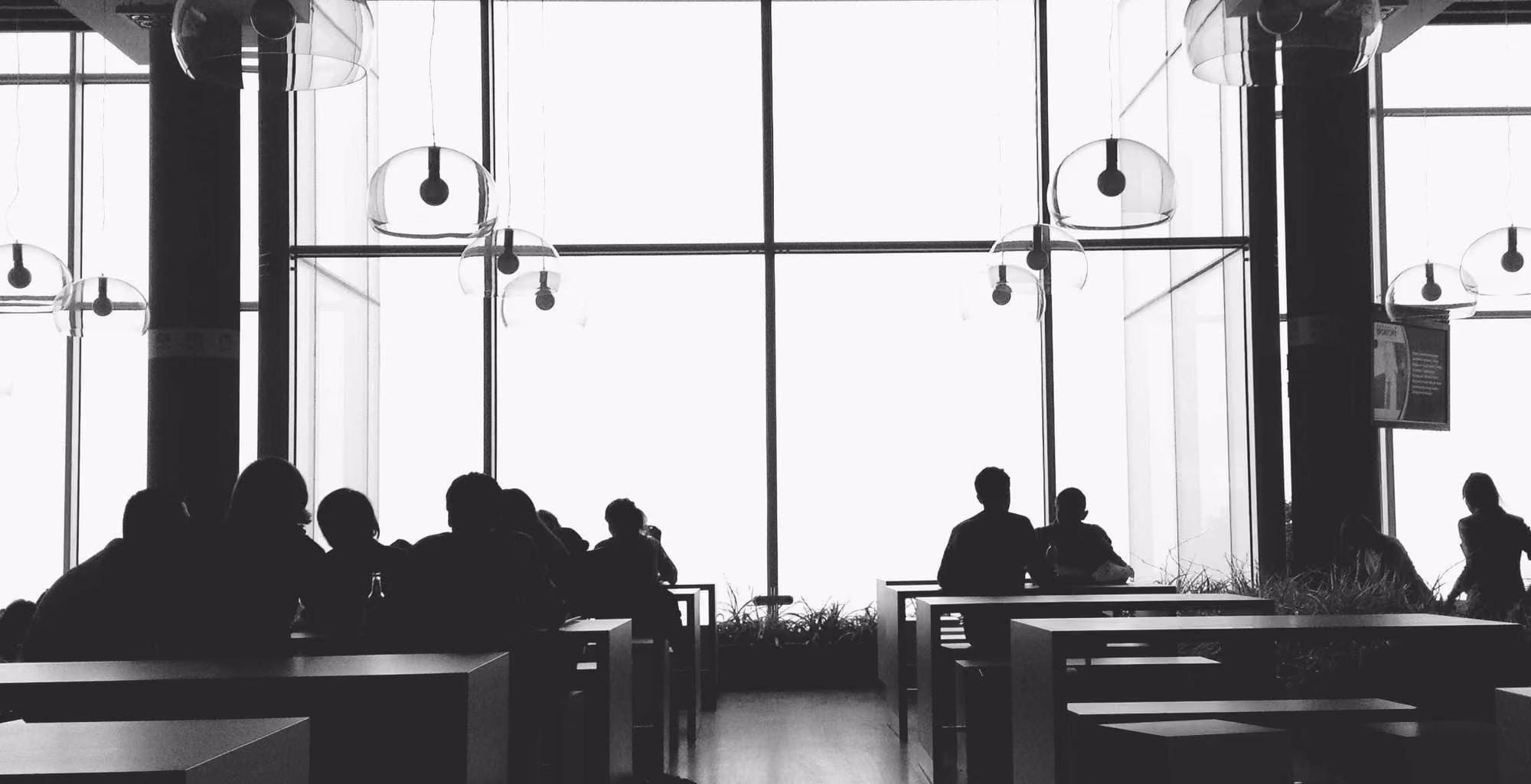 The atrium of a public building, backlit