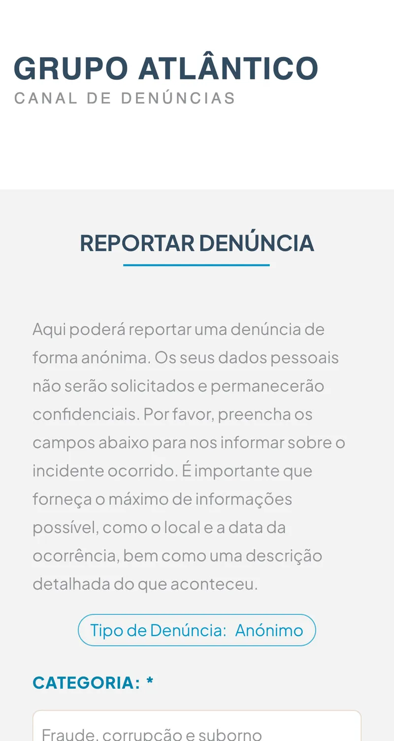 The channel’s reporting form open on a phone, with the report type set to anonymous.