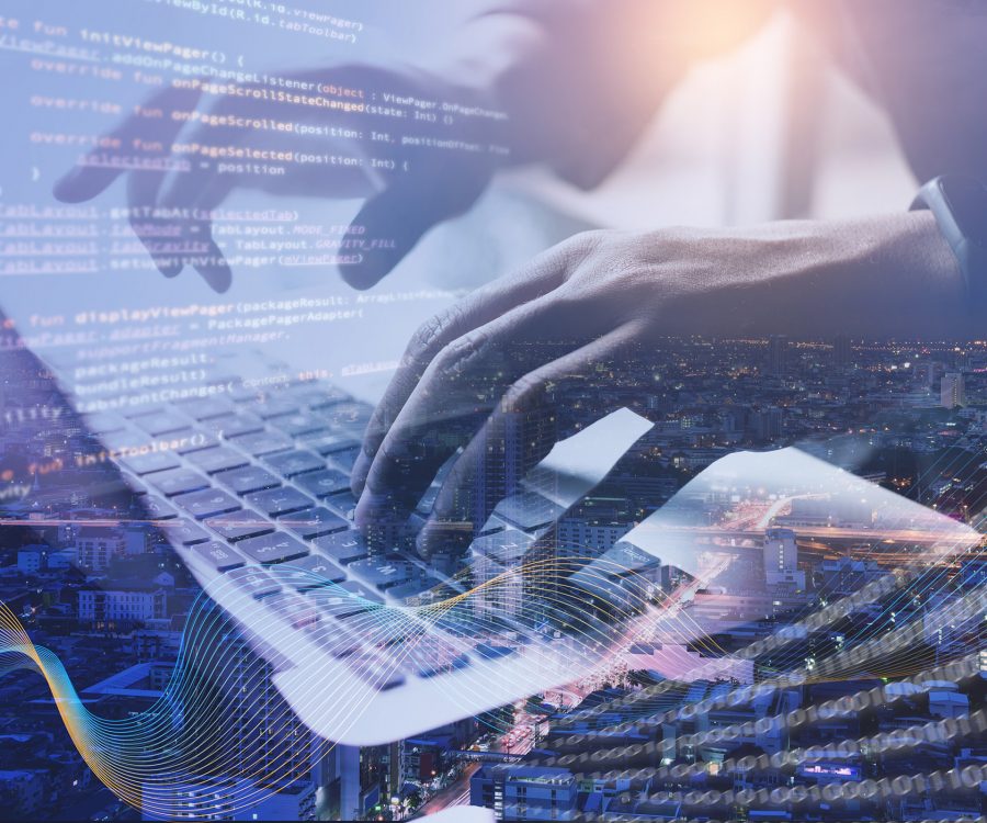 Digital,Technology,,Software,Development,,Iot,Concept.,Double,Exposure,,Man,Programmer, Digital technology, software development, IoT concept. Double exposure, man programmer, software developer managing project on laptop computer and smart city with binary, big data and computer code